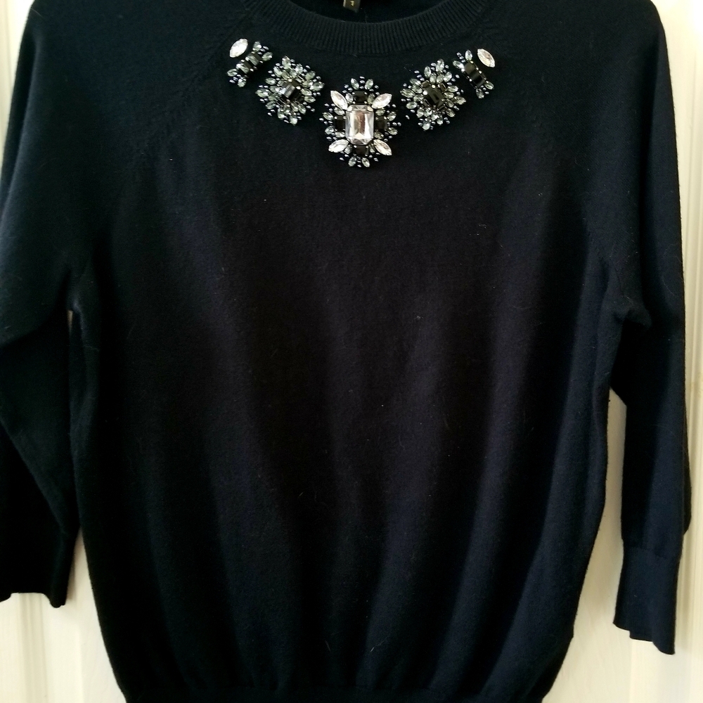 Ted Baker London Black 3/4 Sleeve Sweater w Jeweled Neckline Embellishments Sz 1